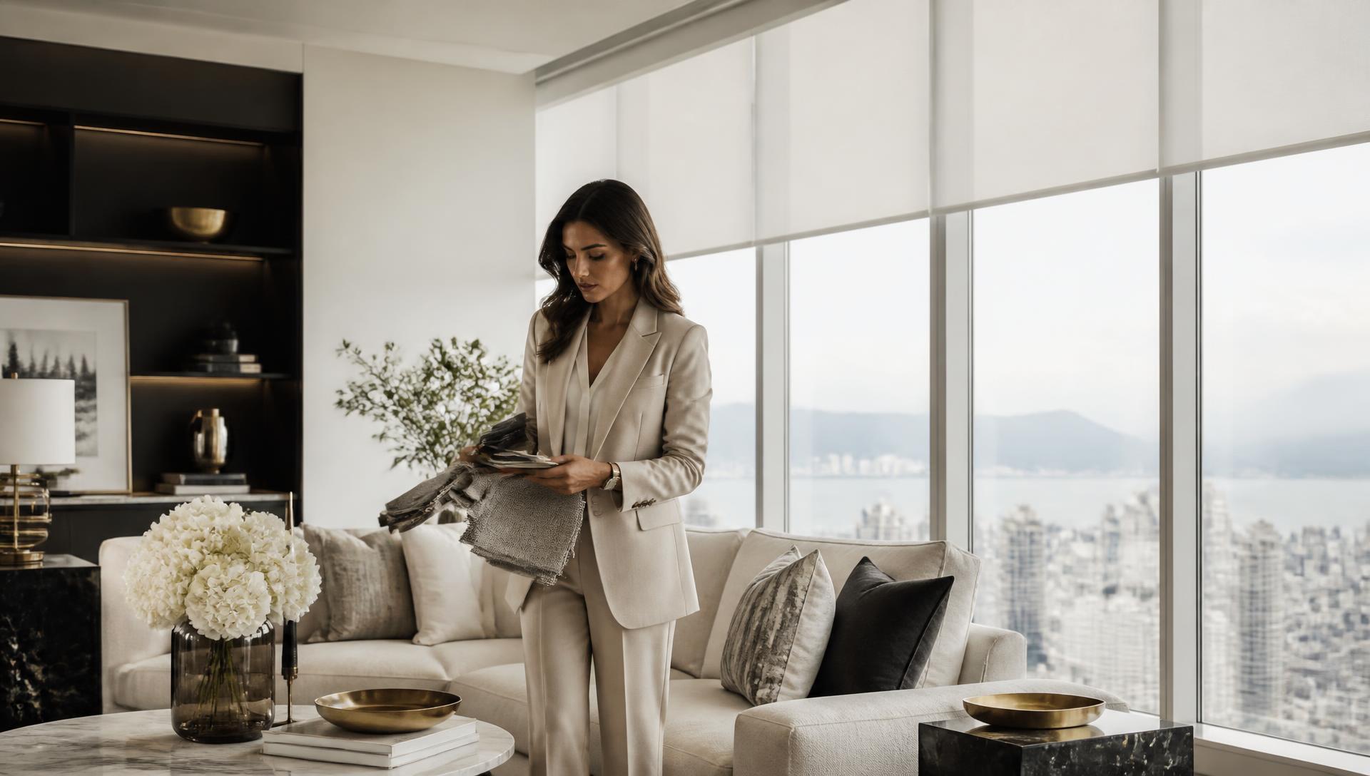 Interior designer reviewing fabric samples in a luxury Vancouver penthouse