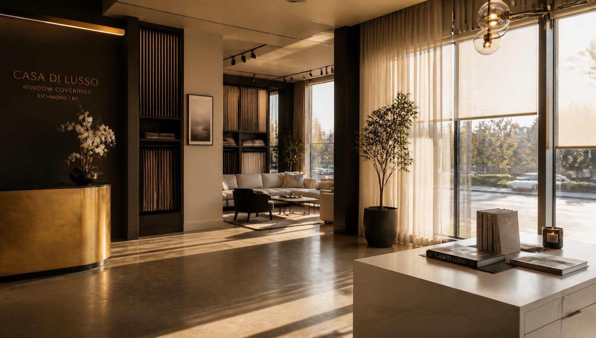 BC Window Coverings luxury showroom in Richmond with floor-to-ceiling window displays