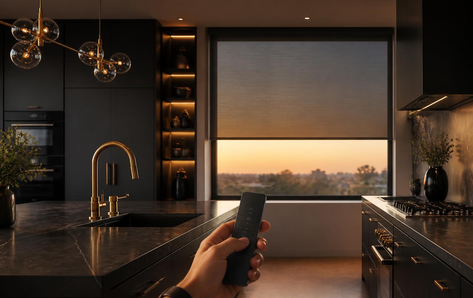 Motorized roller shade lowering in a modern kitchen at dusk