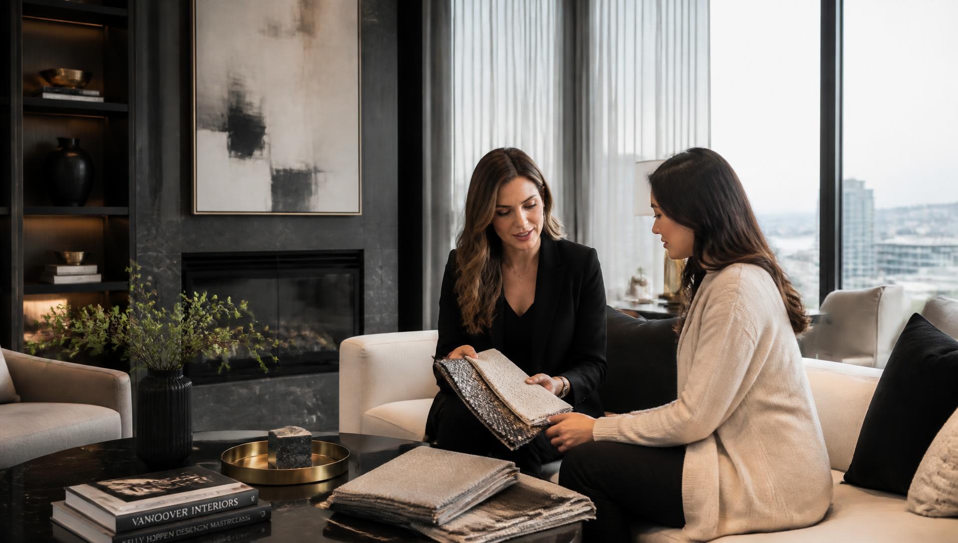 Designer reviewing fabric samples with a client in a luxury Vancouver home