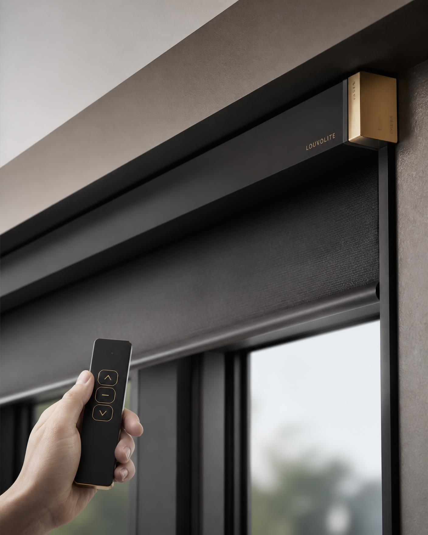 Close-up of a matte black motorized blind headrail with a minimalist remote