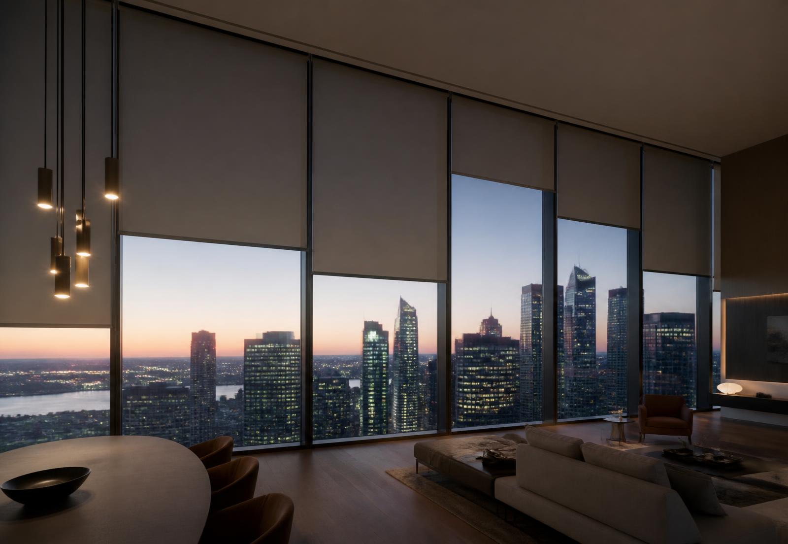 Wall of automated blinds at staggered heights over a city skyline at dusk