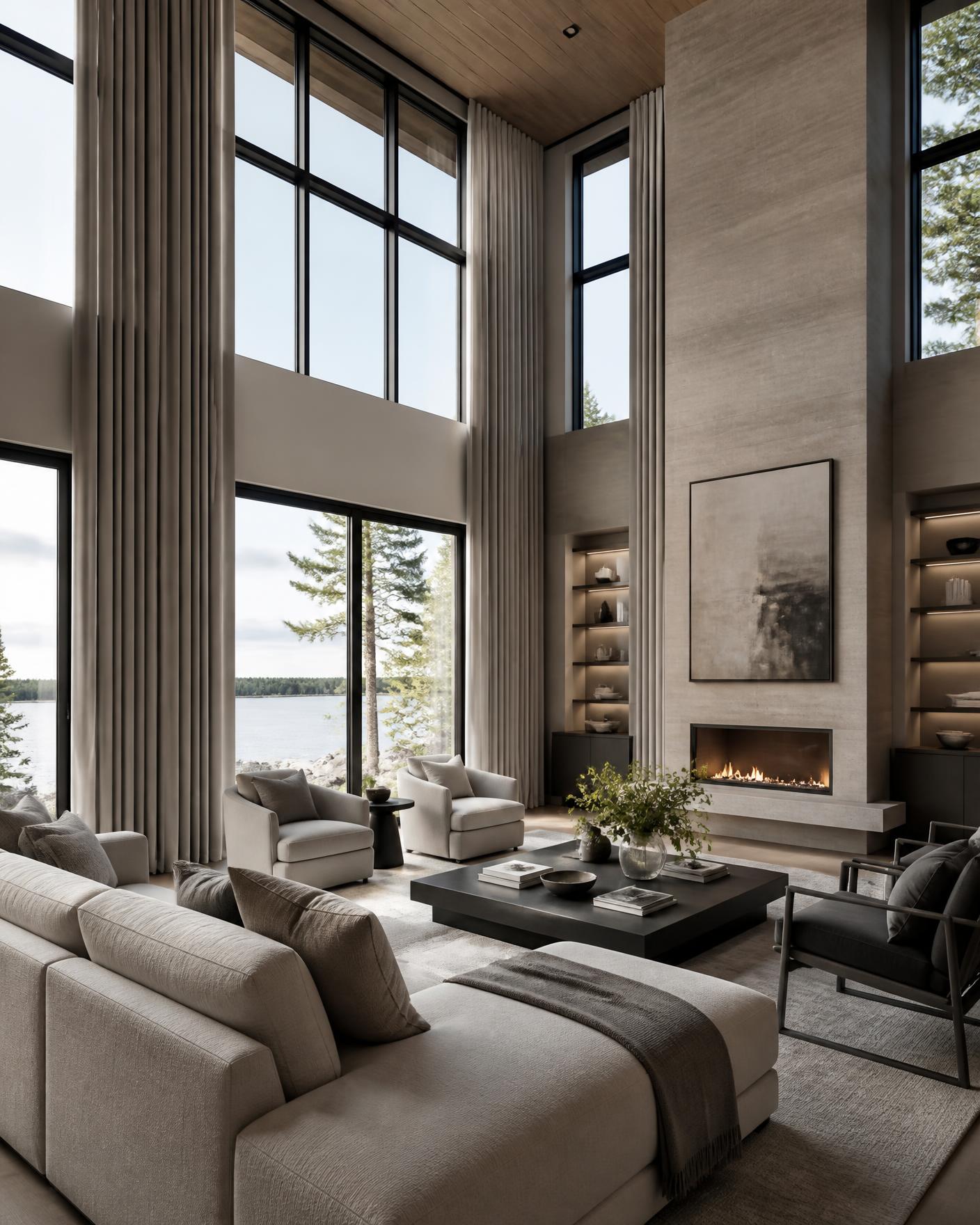 Double-height great room with custom floor-to-ceiling drapery
