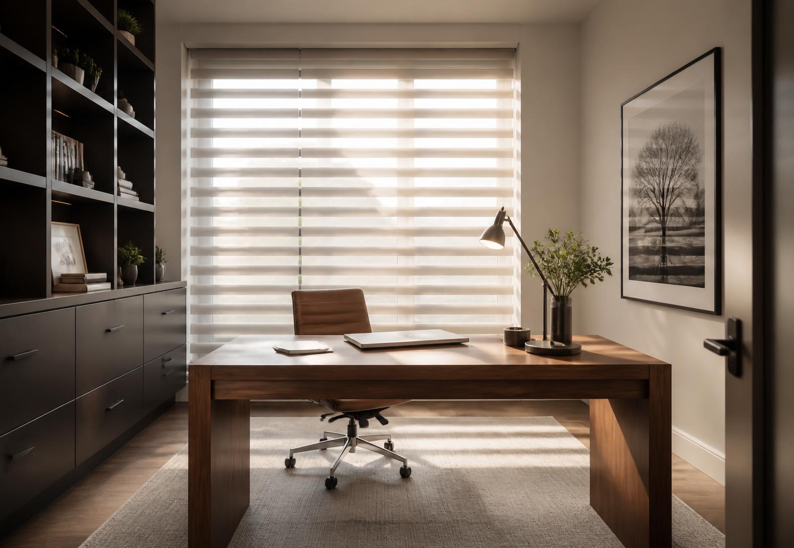 Home office with zebra sheer blinds filtering afternoon light