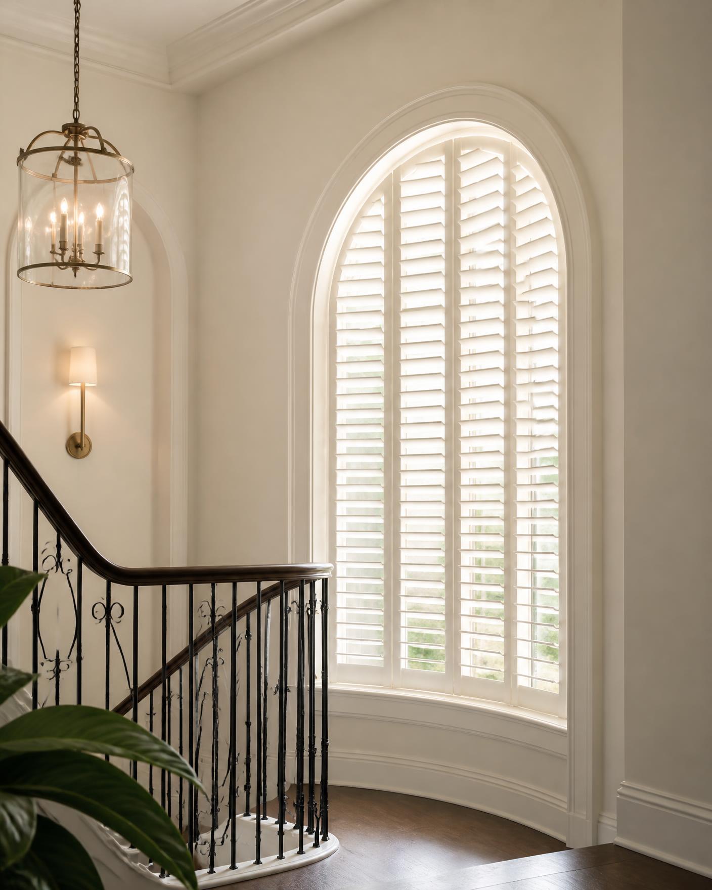 Arched window with custom curved plantation shutters on a staircase landing
