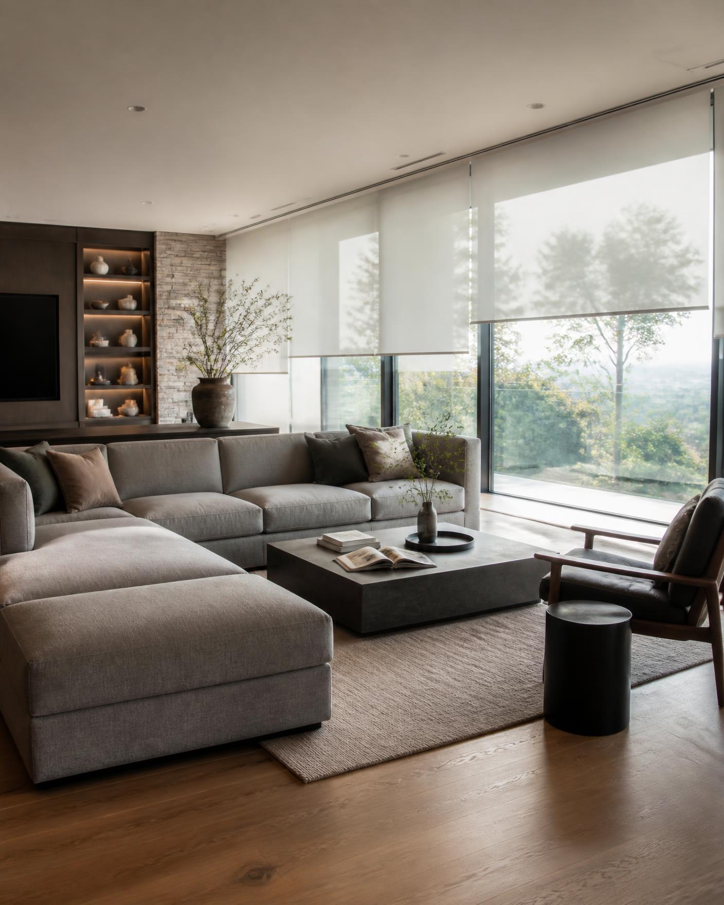 Modern living room with sheer motorized roller shades and floor-to-ceiling windows