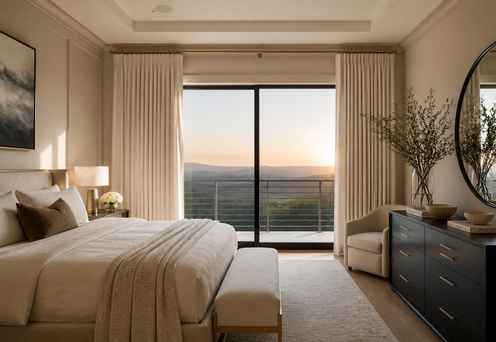 Elegant bedroom at dawn with ivory linen drapery and gold hardware