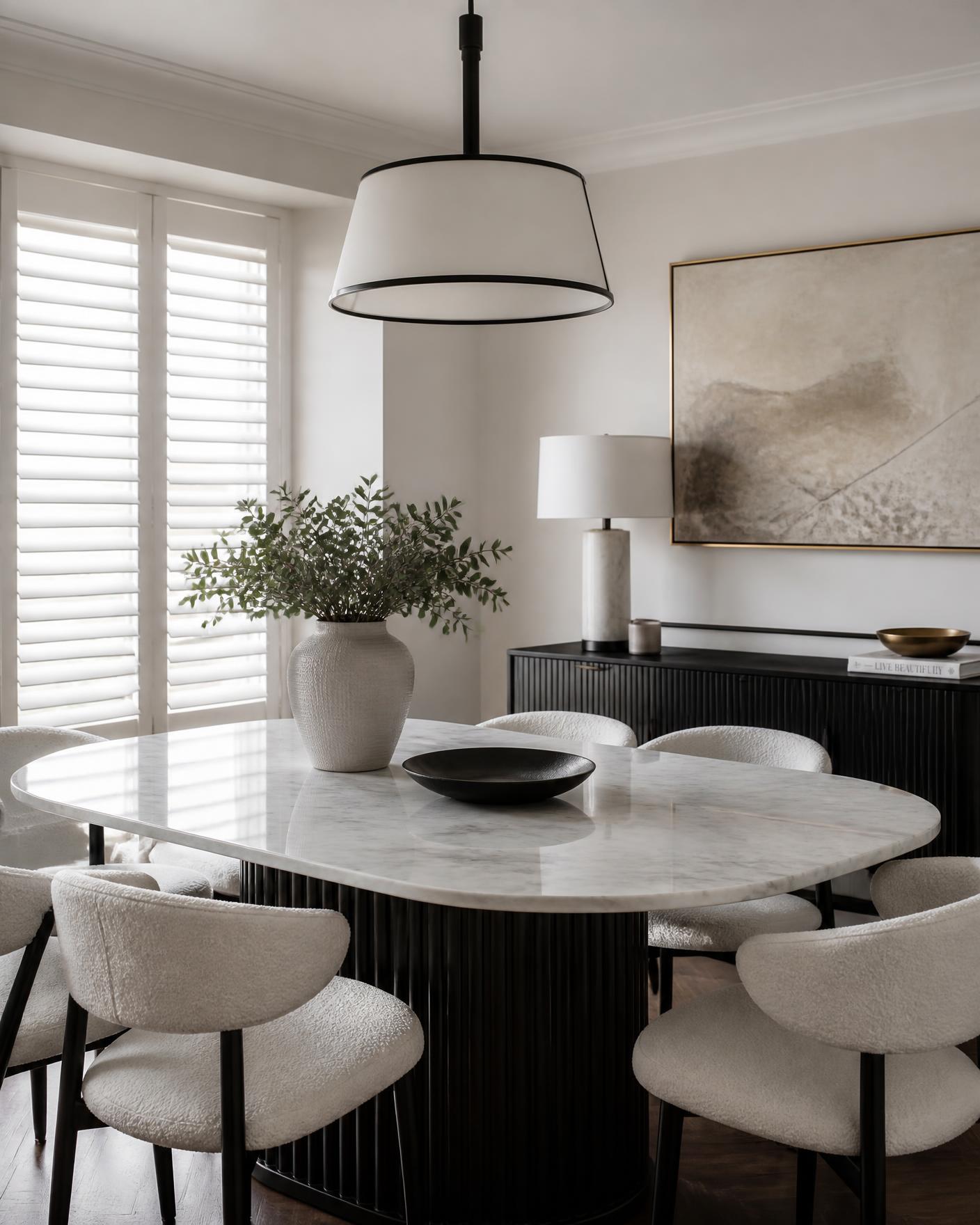 Dining room with white plantation shutters and marble table