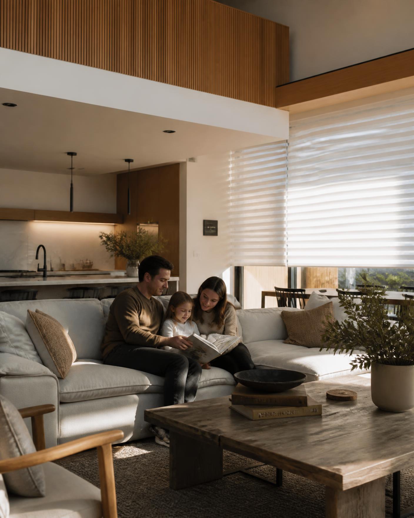 Family reading on a sofa in a great room with sheer motorized shades filtering sunlight