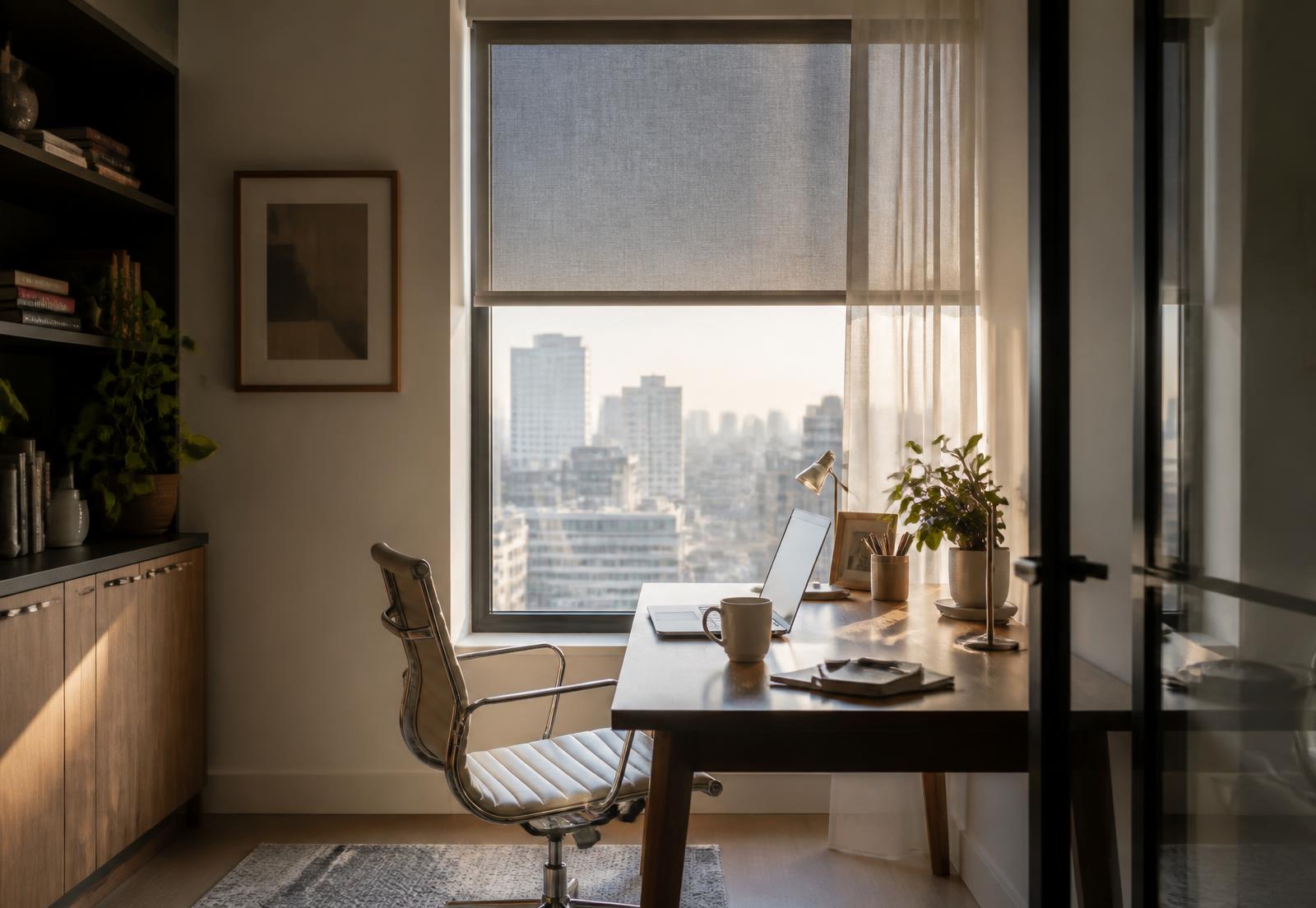 Home office with a roller shade lowered halfway and a sheer curtain over a city view