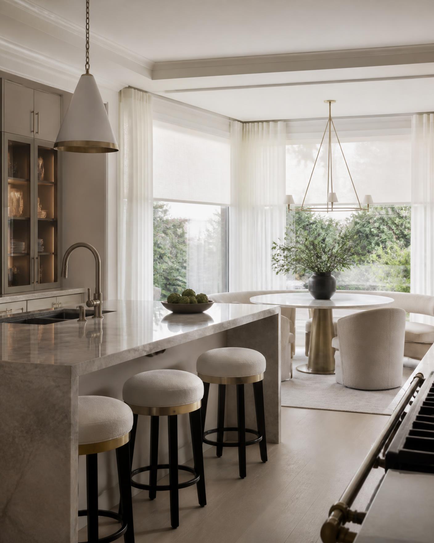 Luxury kitchen and breakfast nook with sheer roller shades and full-length curtains