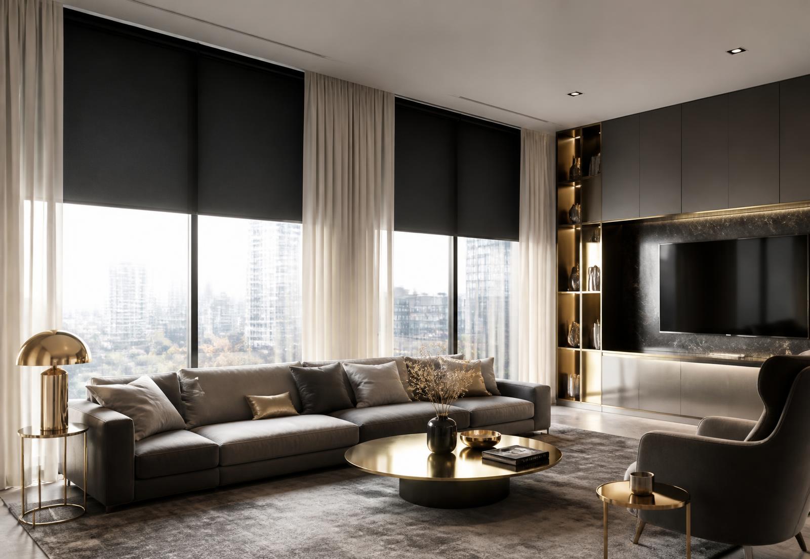 Luxury living room with matte black motorized roller blinds and warm white sheer curtains