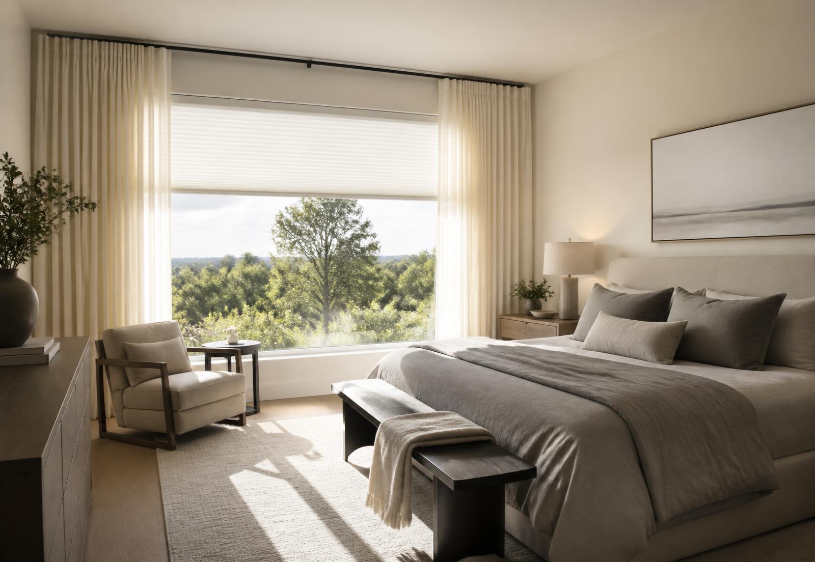 Serene bedroom with a honeycomb shade and ivory linen curtains in soft daylight