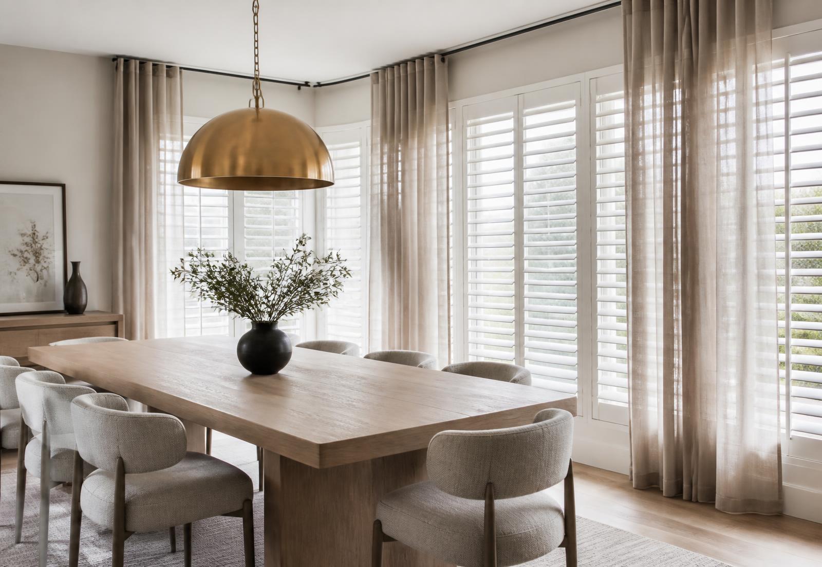 Modern dining room with white plantation shutters and sheer drapery on corner windows